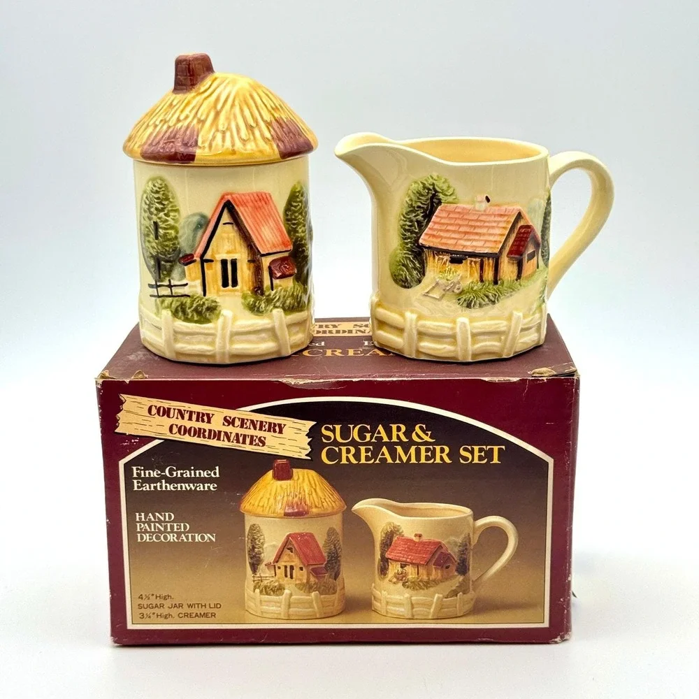 Country Scenery Sugar Creamer Set Marutake Earthenware Japan Vintage Cottagecore